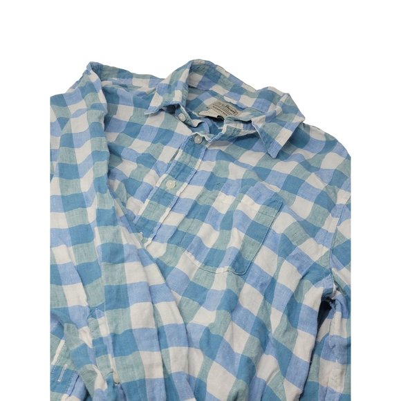 L.L. Bean Linen Button Up Shirt Long Sleeve Blue Green White Plaid Size Large - Picture 3 of 5